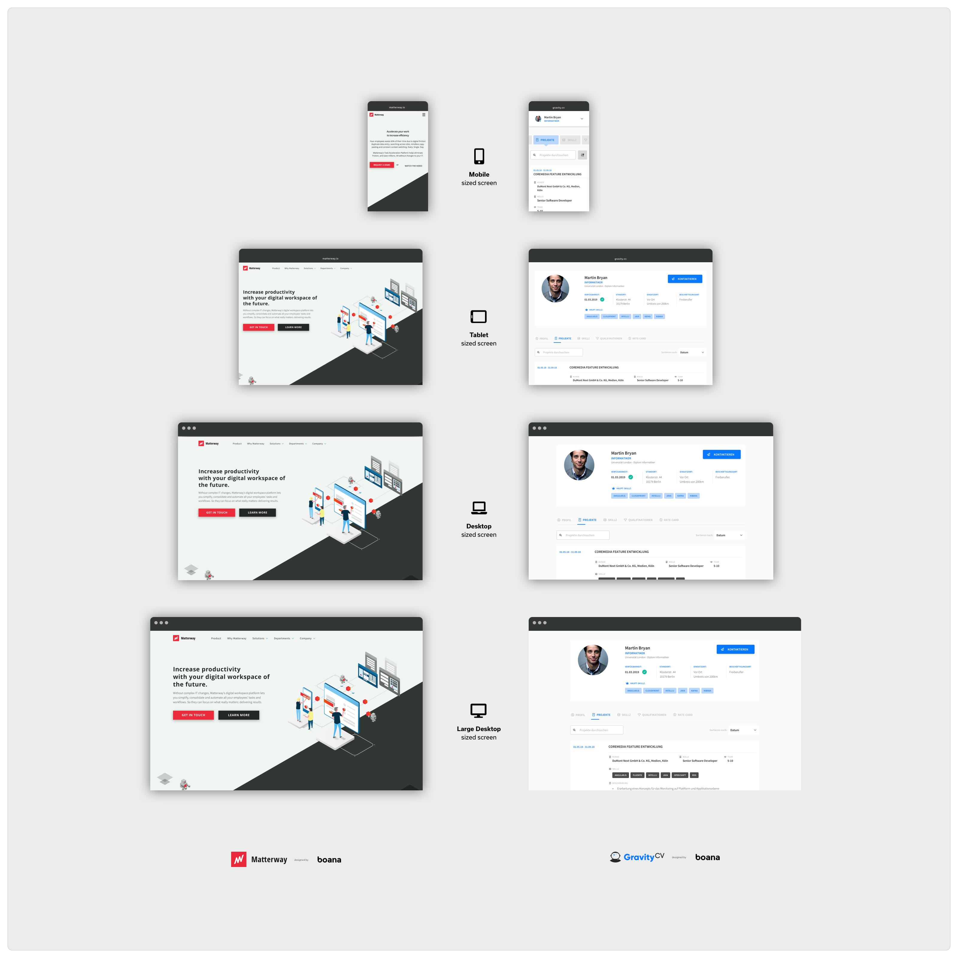 Beispiele für Responsive Design einer Landingpage (links) und eines digitalen Produkts (rechts).